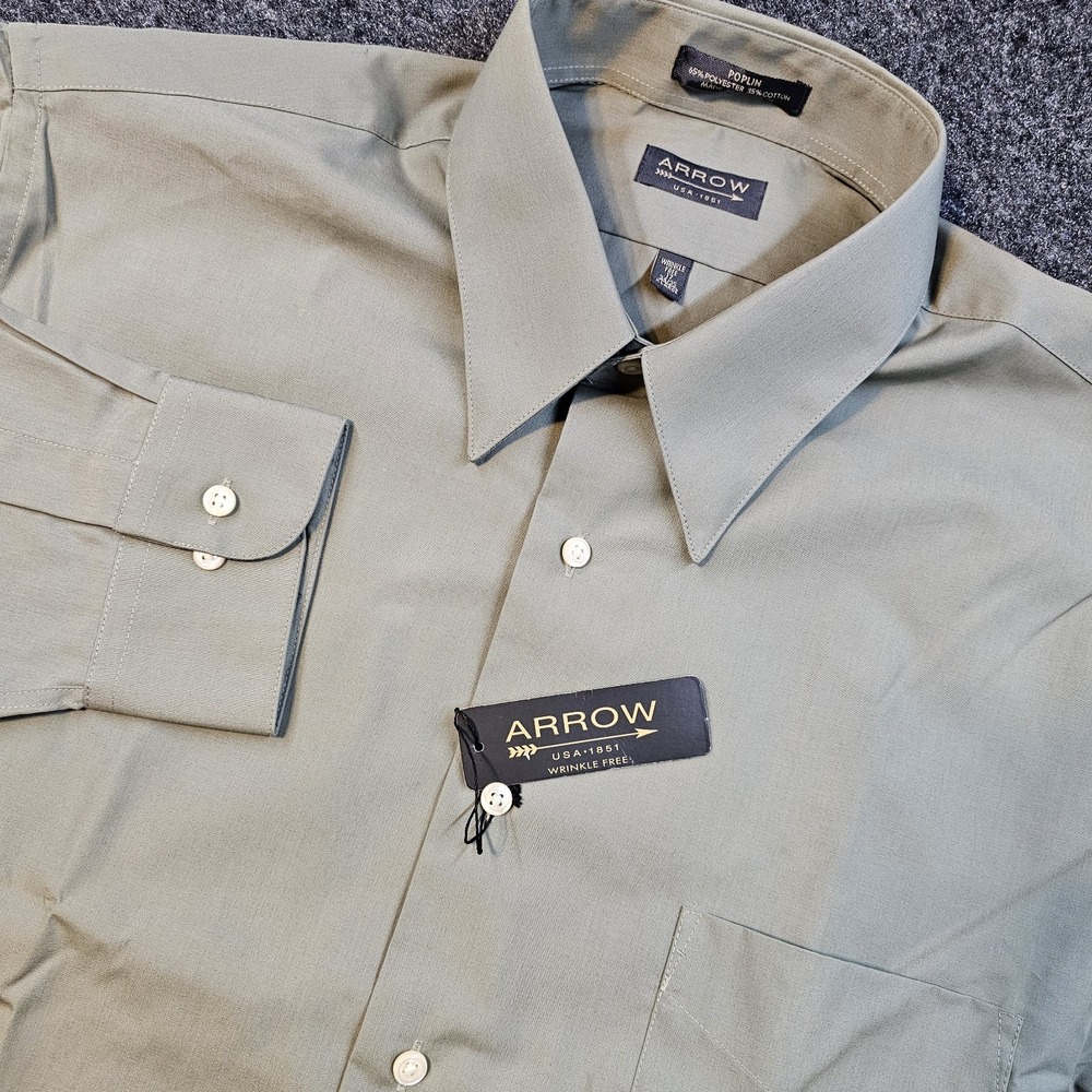 NWT Arrow USA 1851 Men's XL Green‎ Gray Poplin Wrinkle Free Dress Shirt 17 34/35